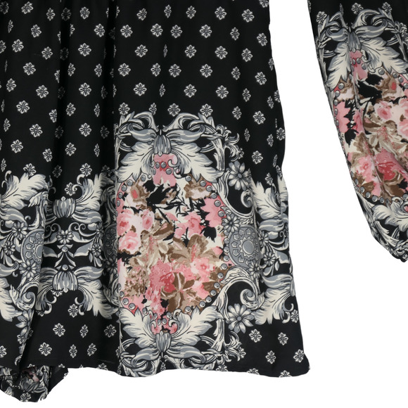 Black Floral Peasant Romper Womens Large Shorts Scalloped Long Sleeve Hippie - Picture 6 of 9